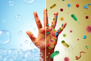 Hand Hygiene Reducing The Spread Of Infections and Reducing Infections and Infectious diseases spread with washing hands contaminated  with germs virus and bacteria with soap to prevent transmission with 3D illustration elements.